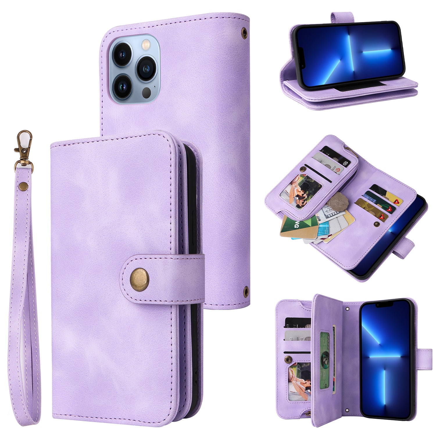 Pouzdro na kapesní telefon se zipem pro iPhone 13 Pro Max Multifunkční kožený kryt na peněženku s popruhy Pouzdro na kapesní telefon se zipem pro iPhone 13 Pro Max Multifunkční kožený kryt na peněženku s popruhy